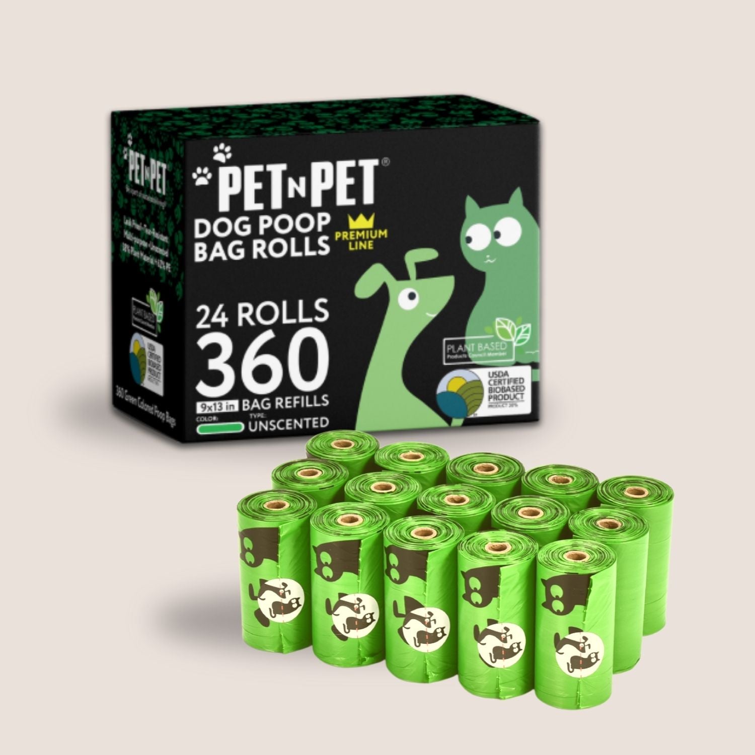 Box of Pet 'N Pet dog poop bag rolls with green bags on a beige background