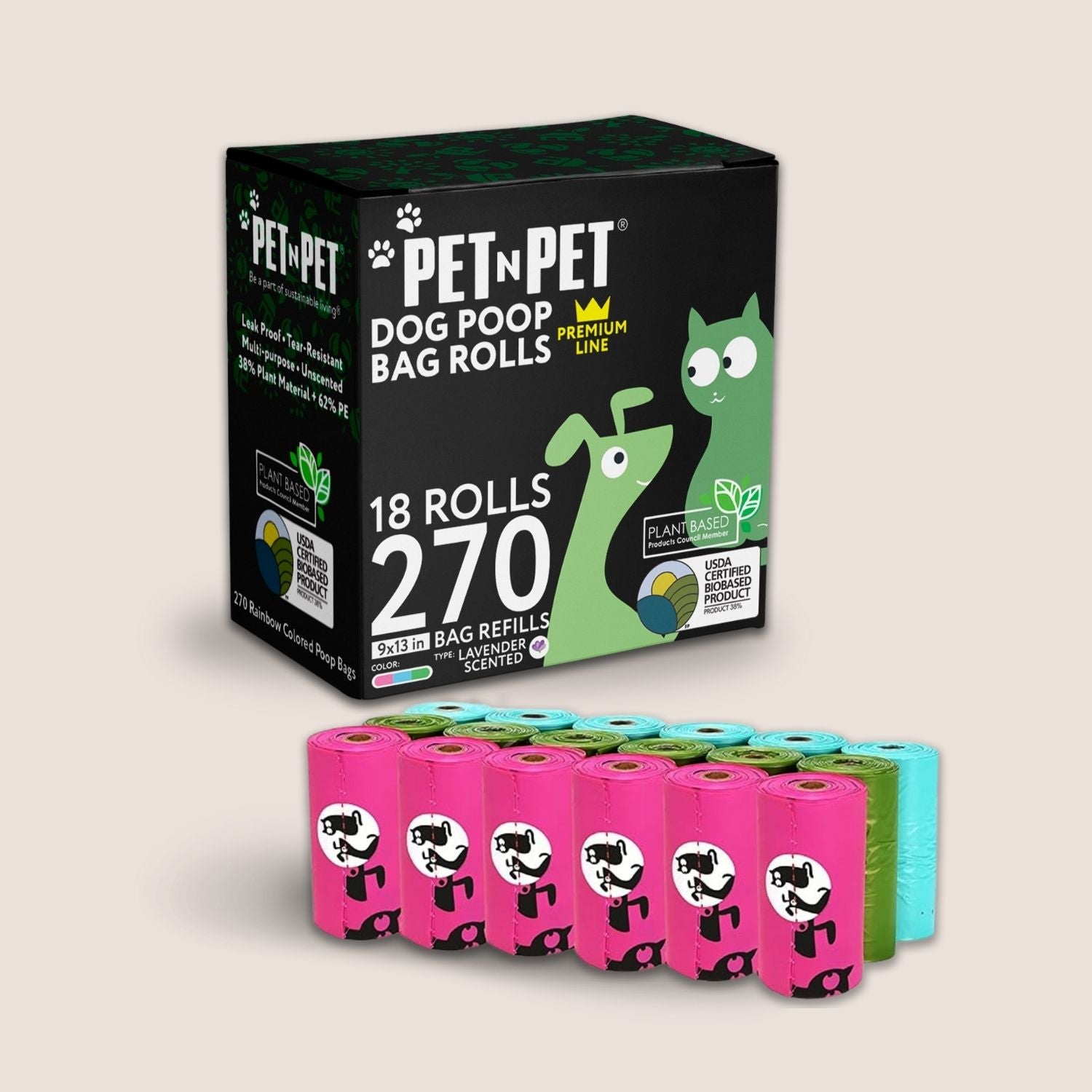 Box of Pet N Pet dog poop bag rolls with pink bags on a beige background