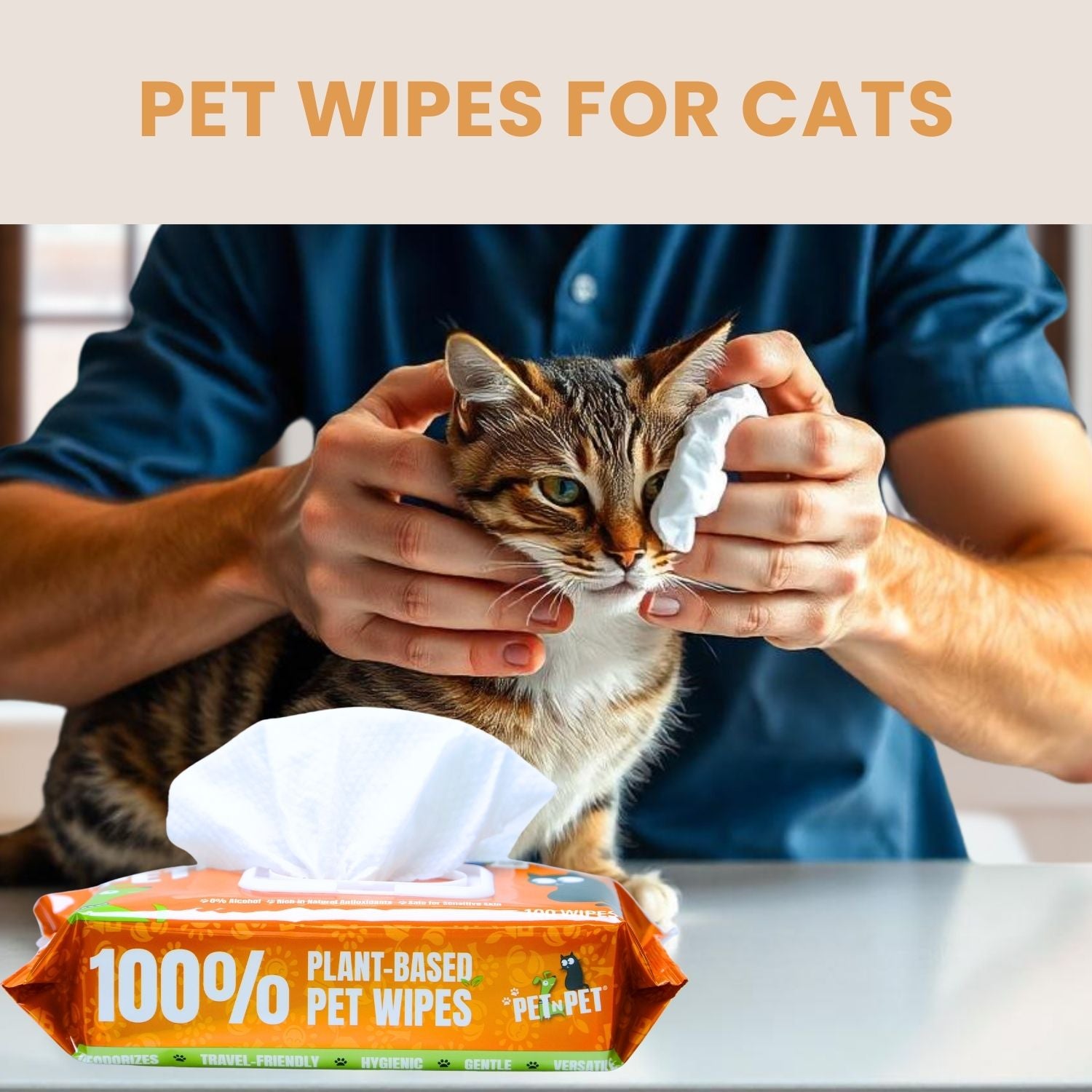 Person cleaning a cat's face with a 100% plant-based pet wipes product.