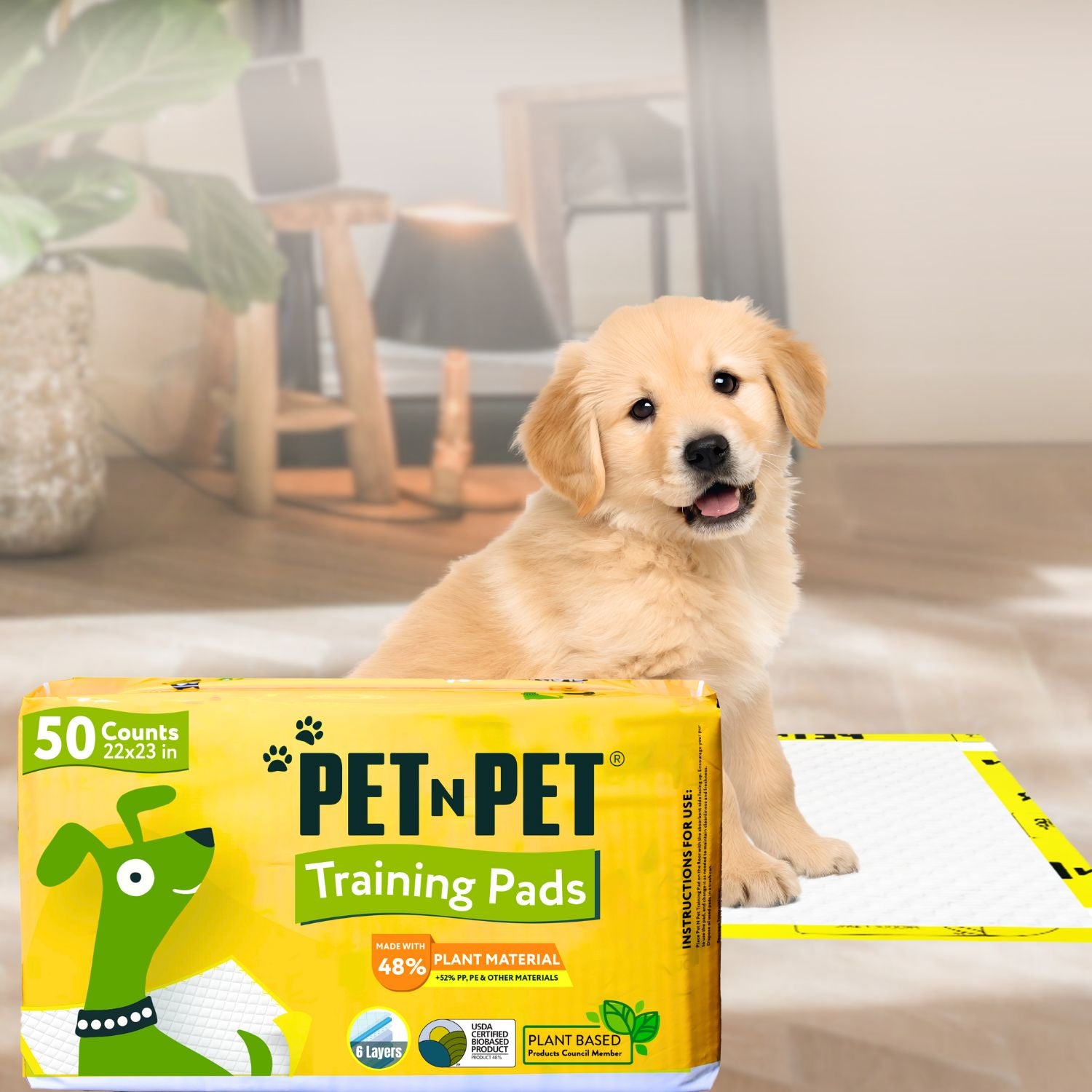 Dog sitting next to a box of PETnPET training pads in a home setting
