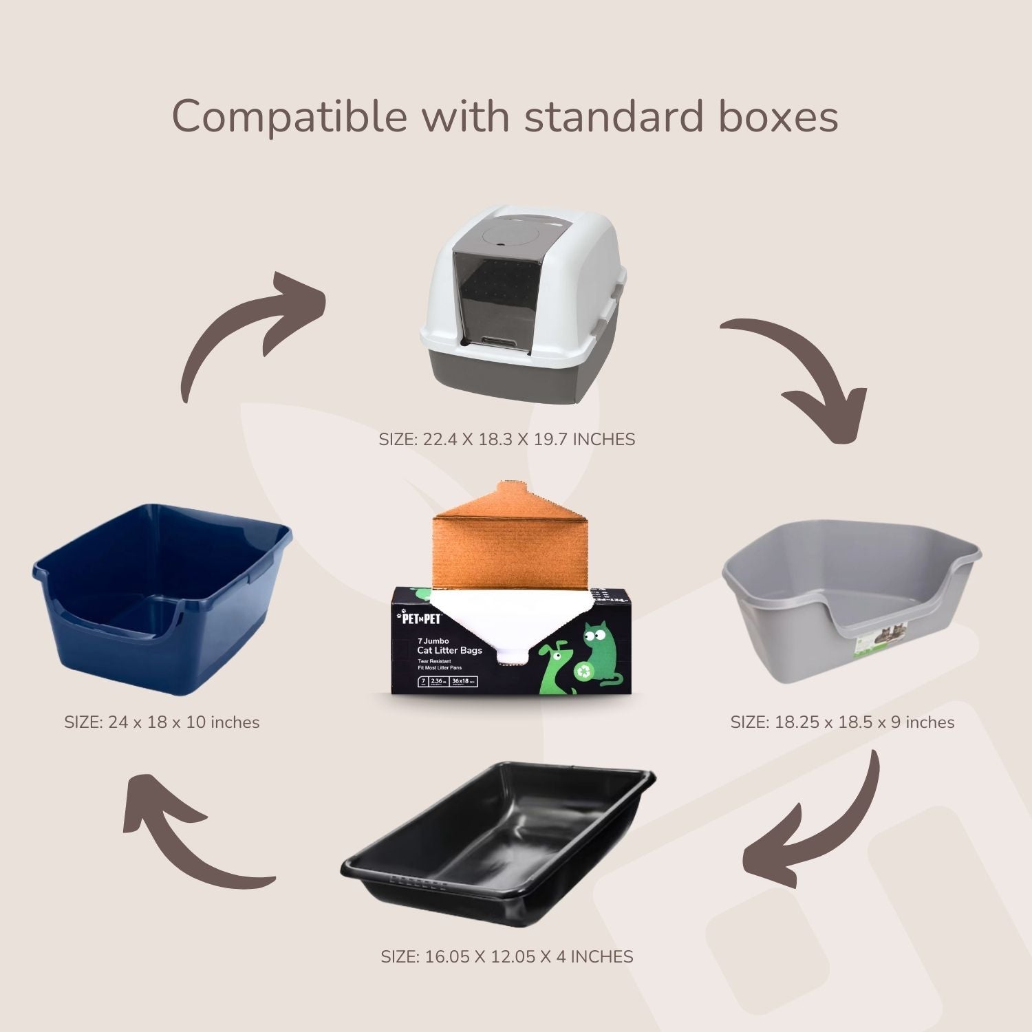 Cat litter box and compatible products with dimensions on a beige background