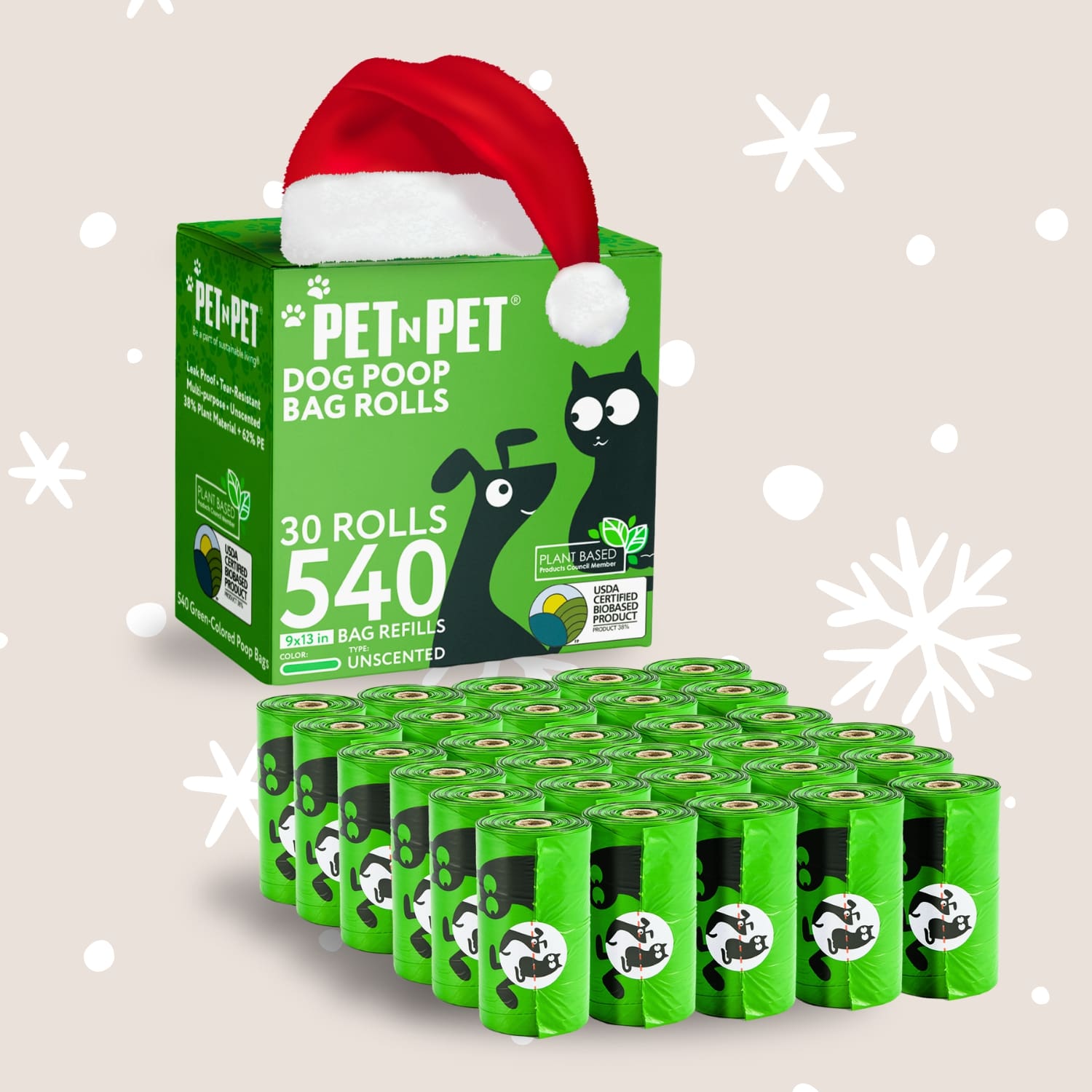 Box of Pet N Pet dog poop bag rolls with a Santa hat on a beige background with snowflake decorations.