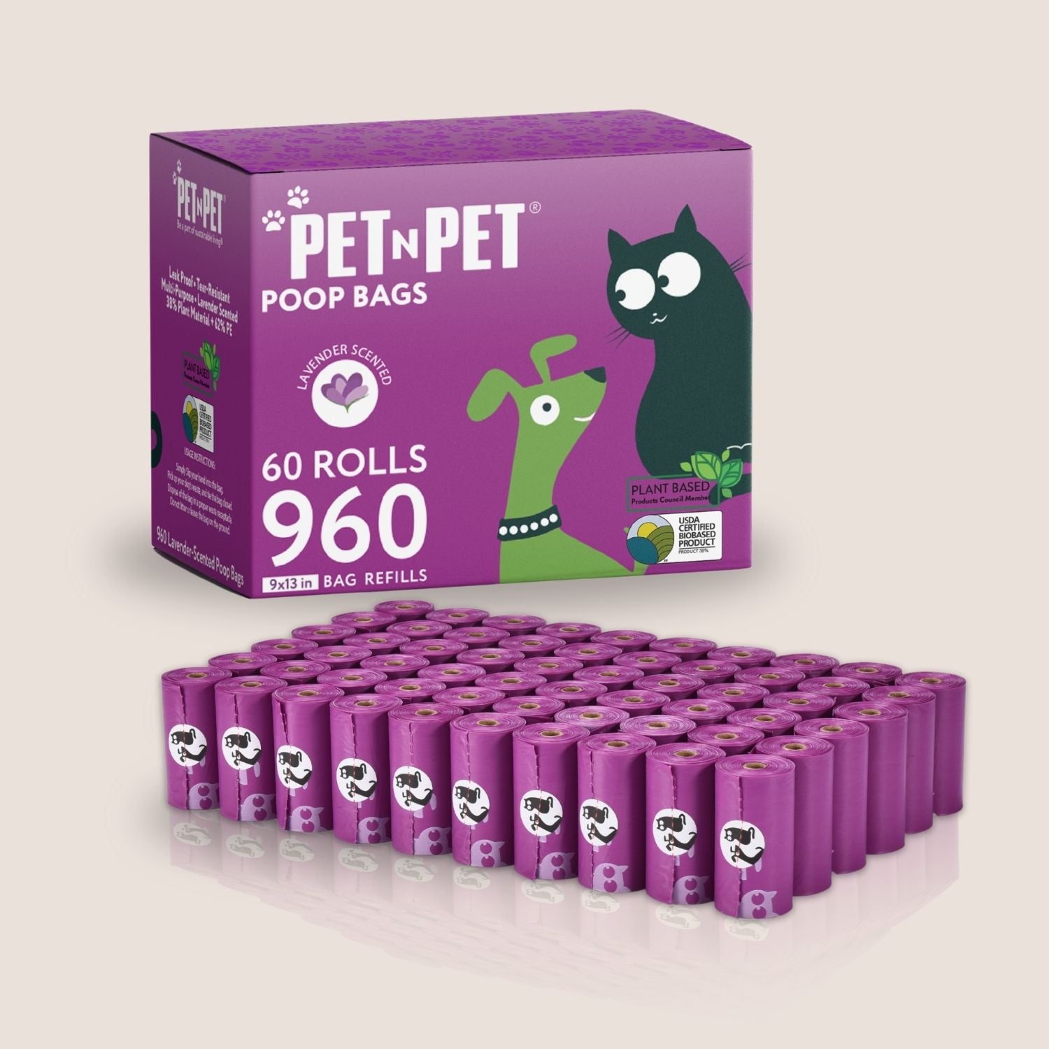 Box of Pet n Pet poop bags with multiple rolls displayed in front on a light beige background