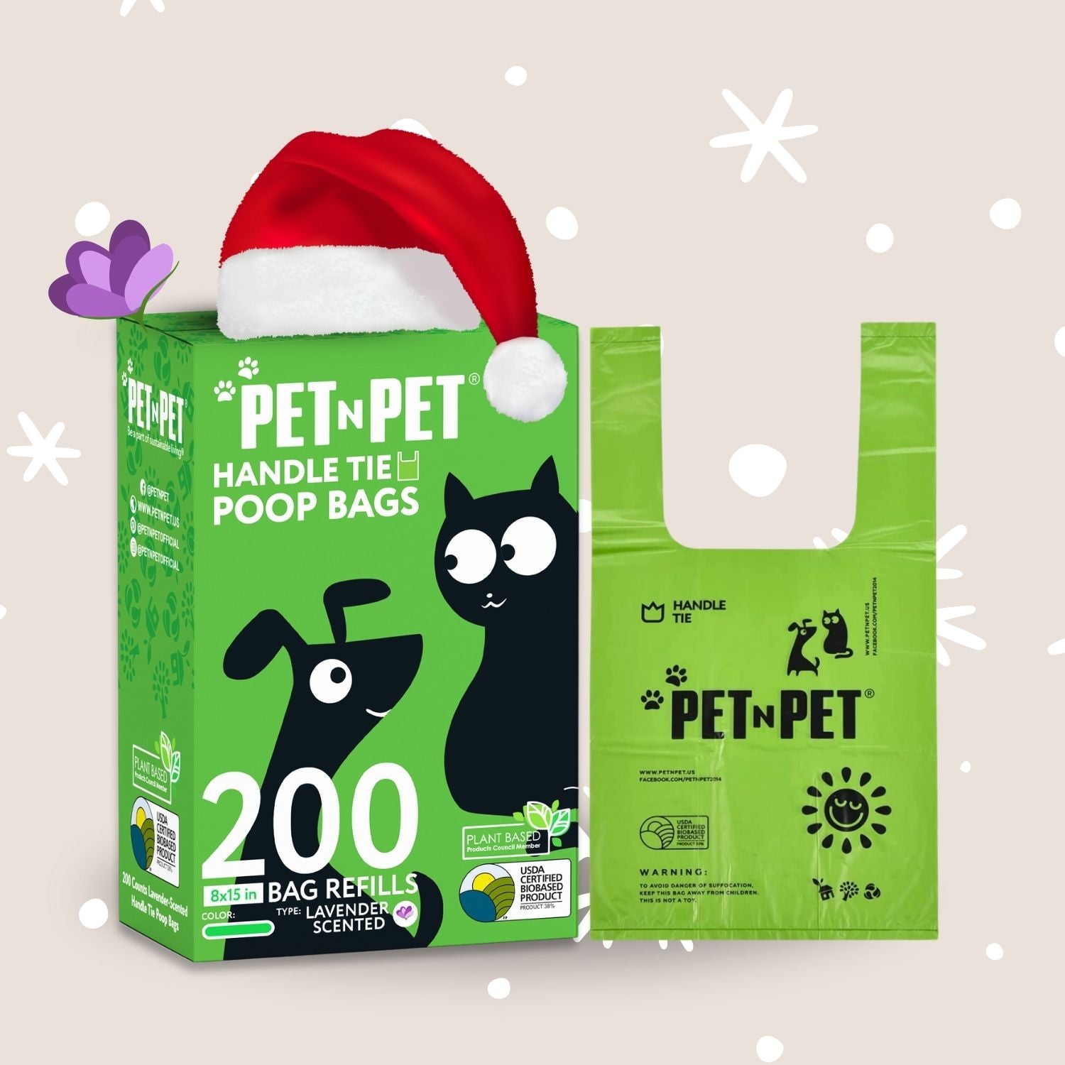 Box of Pet N Pet handle tie poop bags with a Santa hat on a light background