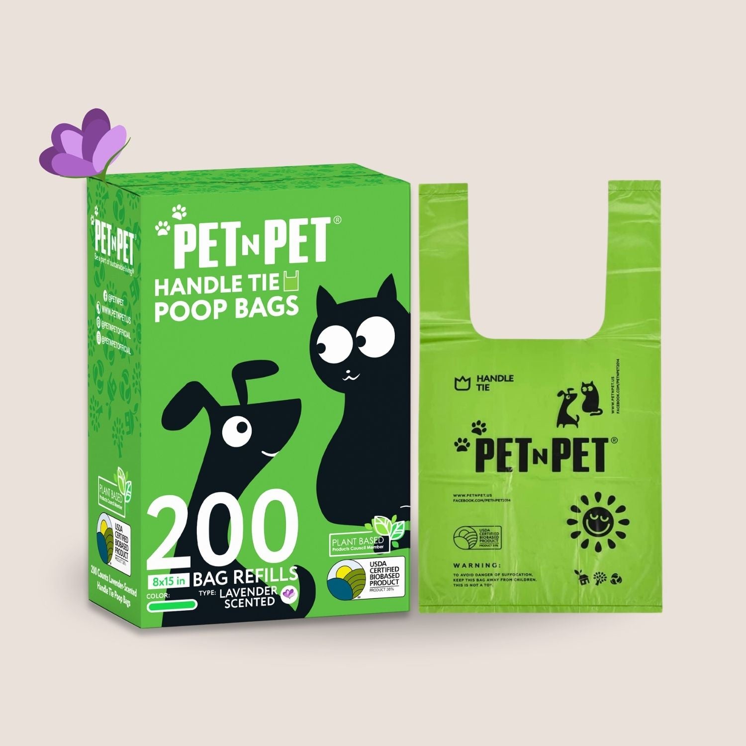 Green box of PET N PET handle tie poop bags with a green bag on a beige background