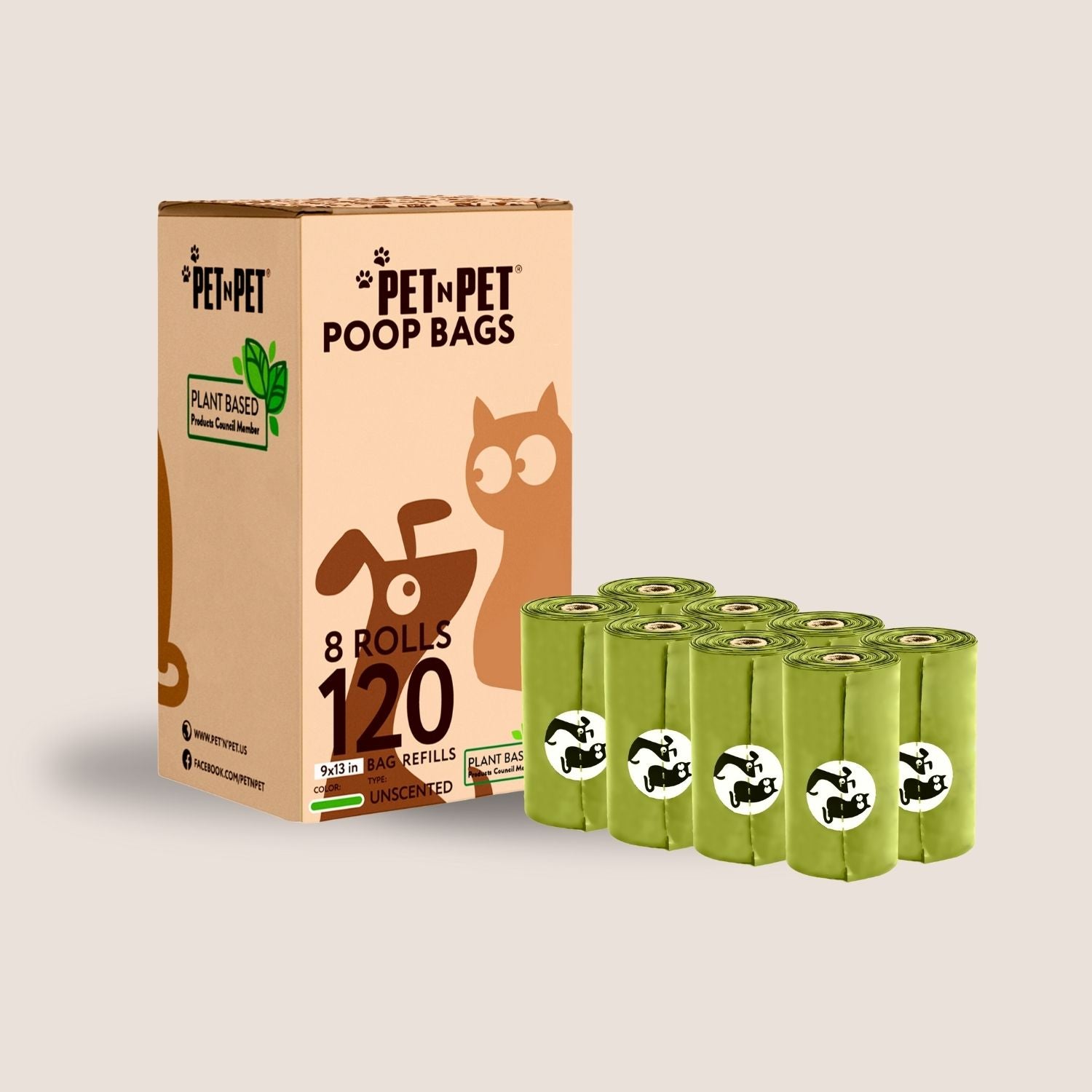Box of Pet n Pet poop bags with green rolls on a beige background