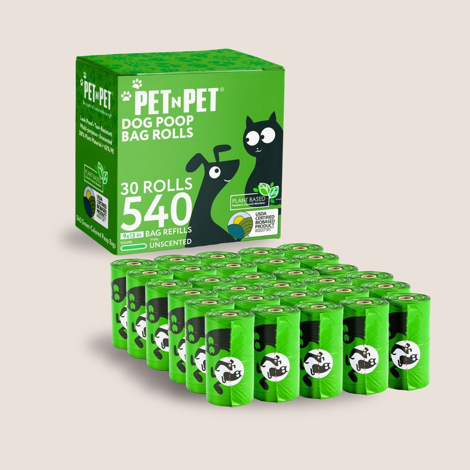Box of Pet 'N Pet dog poop bag rolls with multiple green bags on a beige background