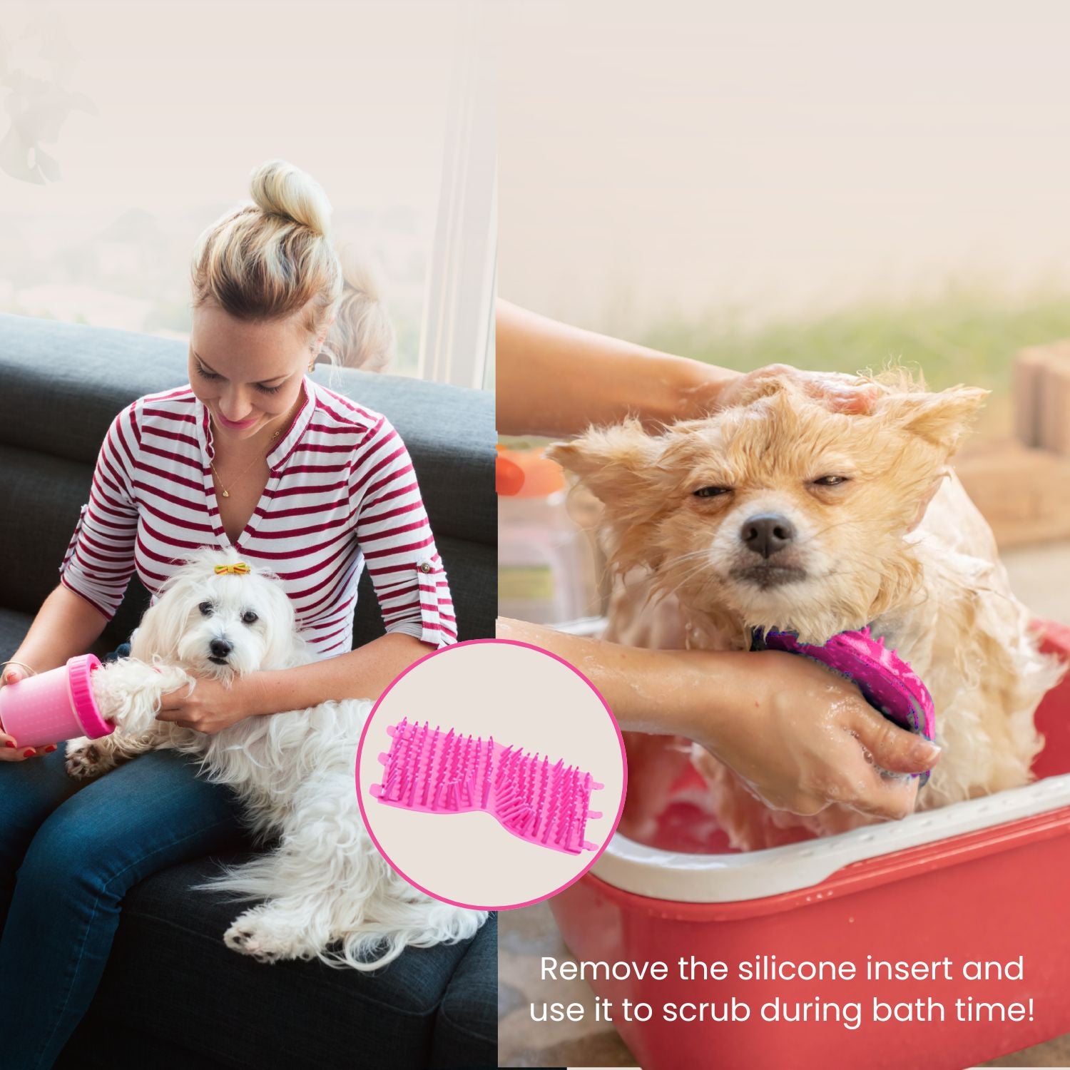 Woman with a white dog and another person with a brown dog using a pink silicone pet grooming tool.
