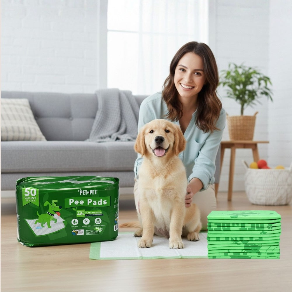 Woman with a dog on a wooden floor with green pet pee pads displayed.