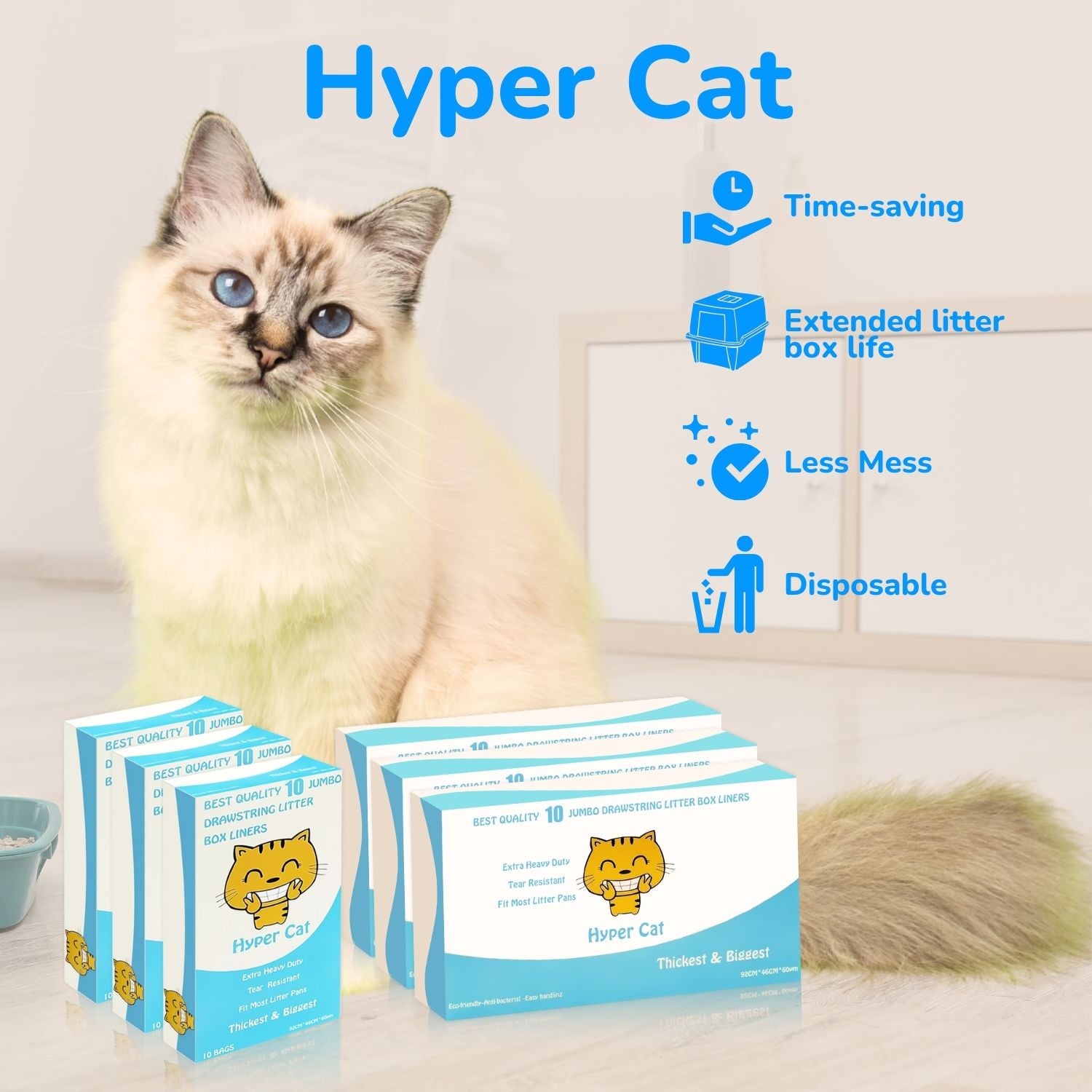 Cat sitting next to Hyper Cat litter boxes with product features listed.