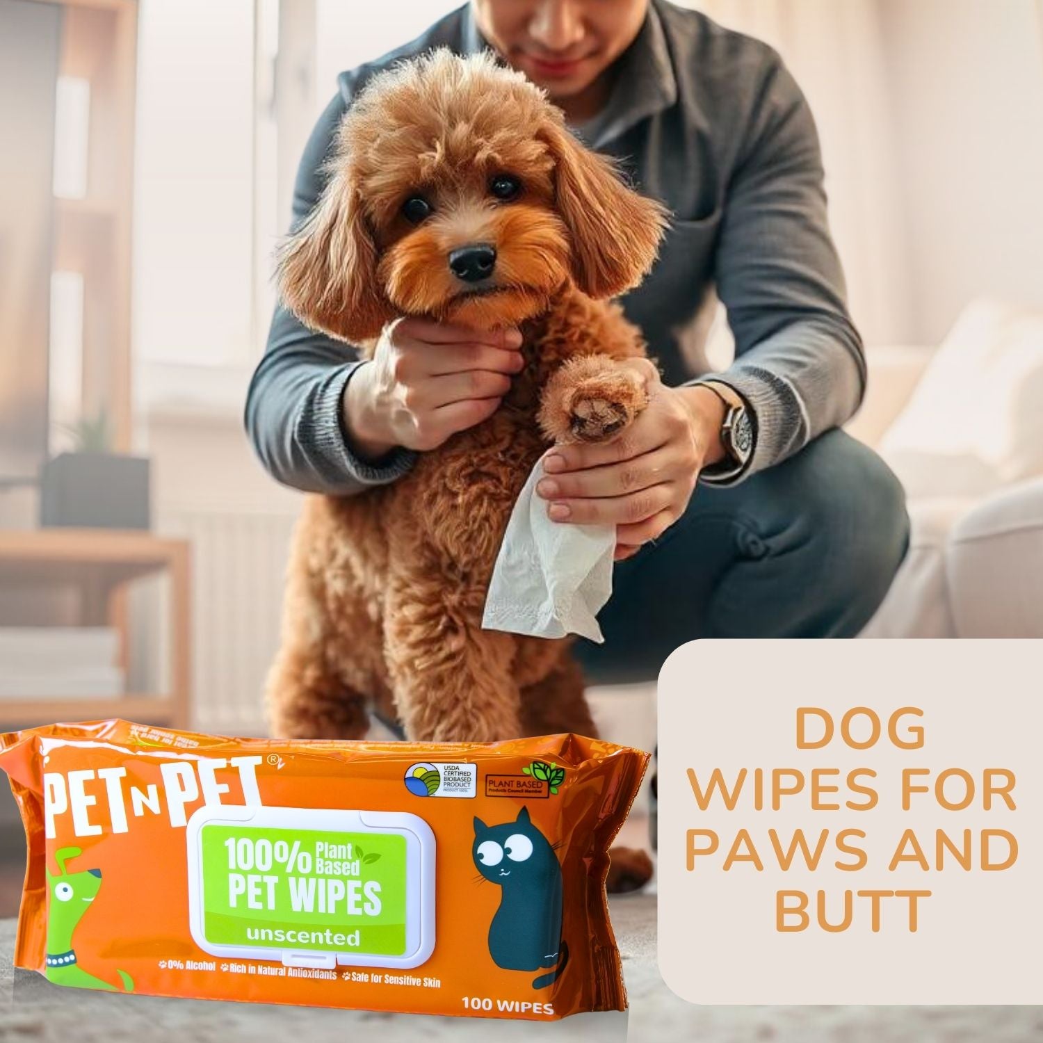 Person holding a dog with a package of PET-N-PET dog wipes in the foreground.