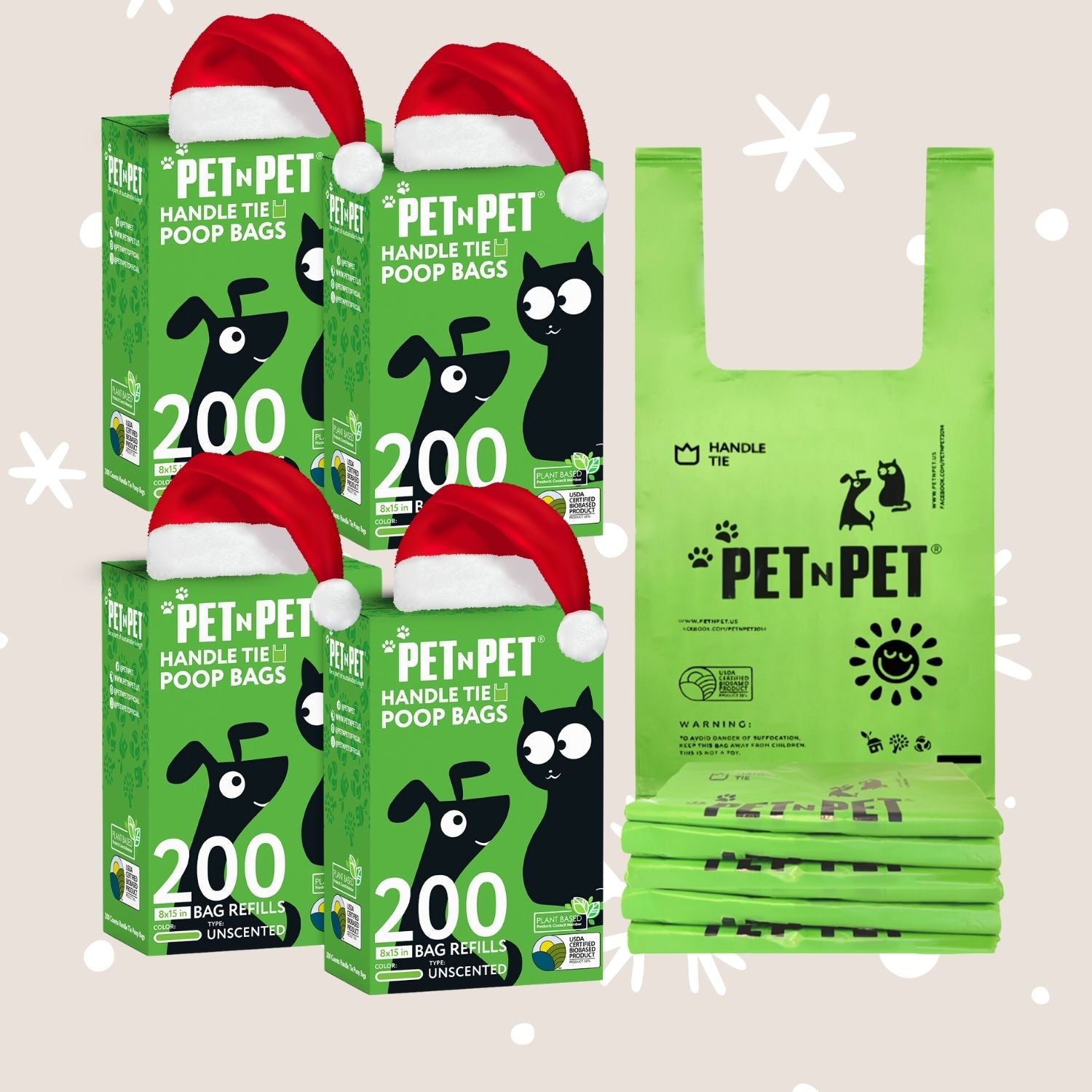 Green boxes and bags of PETnPET poop bags with Santa hats on a light beige background.