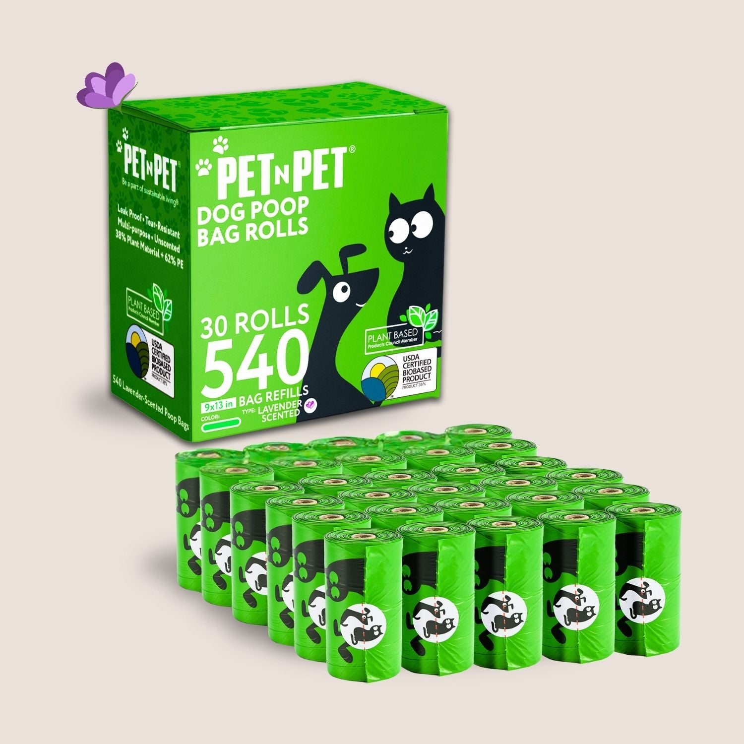 Box of Pet-N-Pet dog poop bag rolls with multiple green bags on a beige background