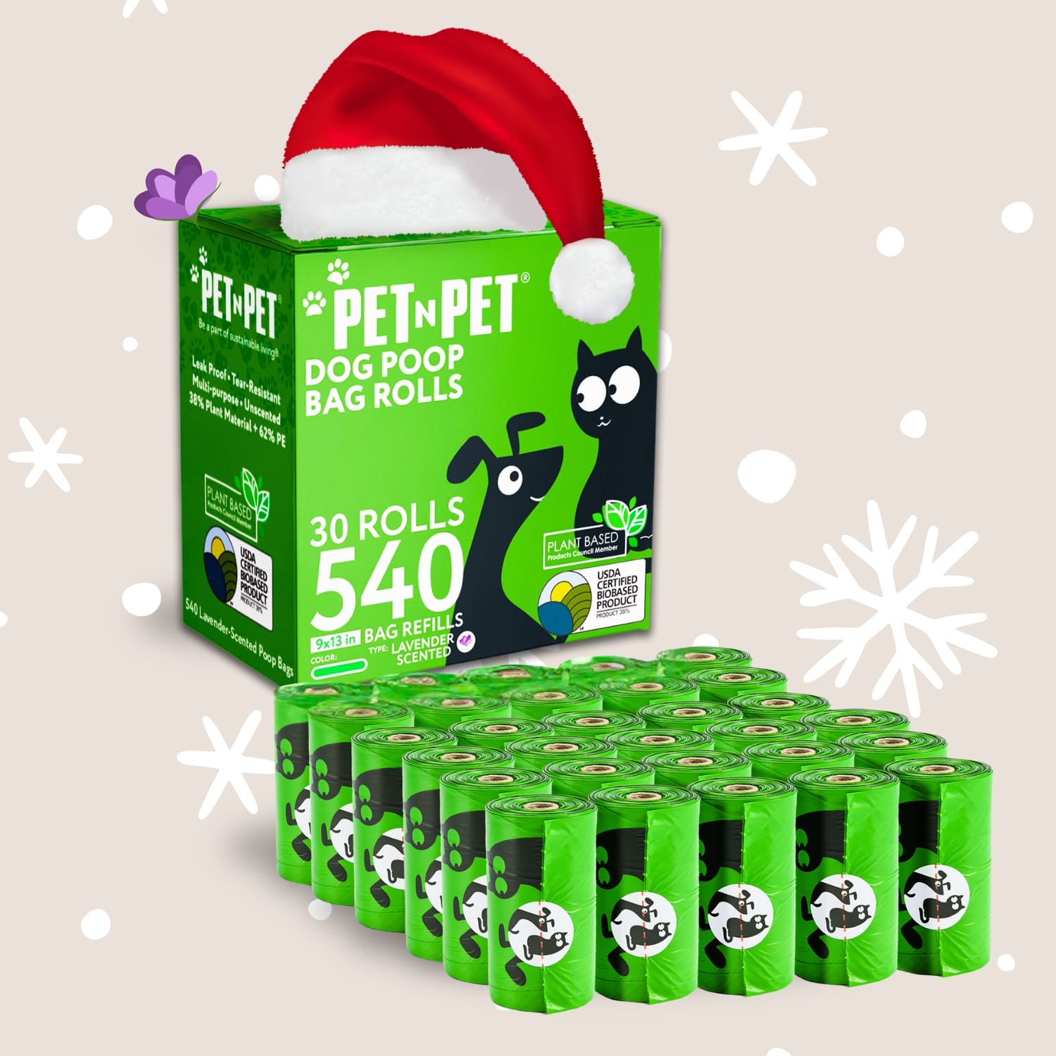 Box of Pet N Pet dog poop bag rolls with a Santa hat on a light beige background