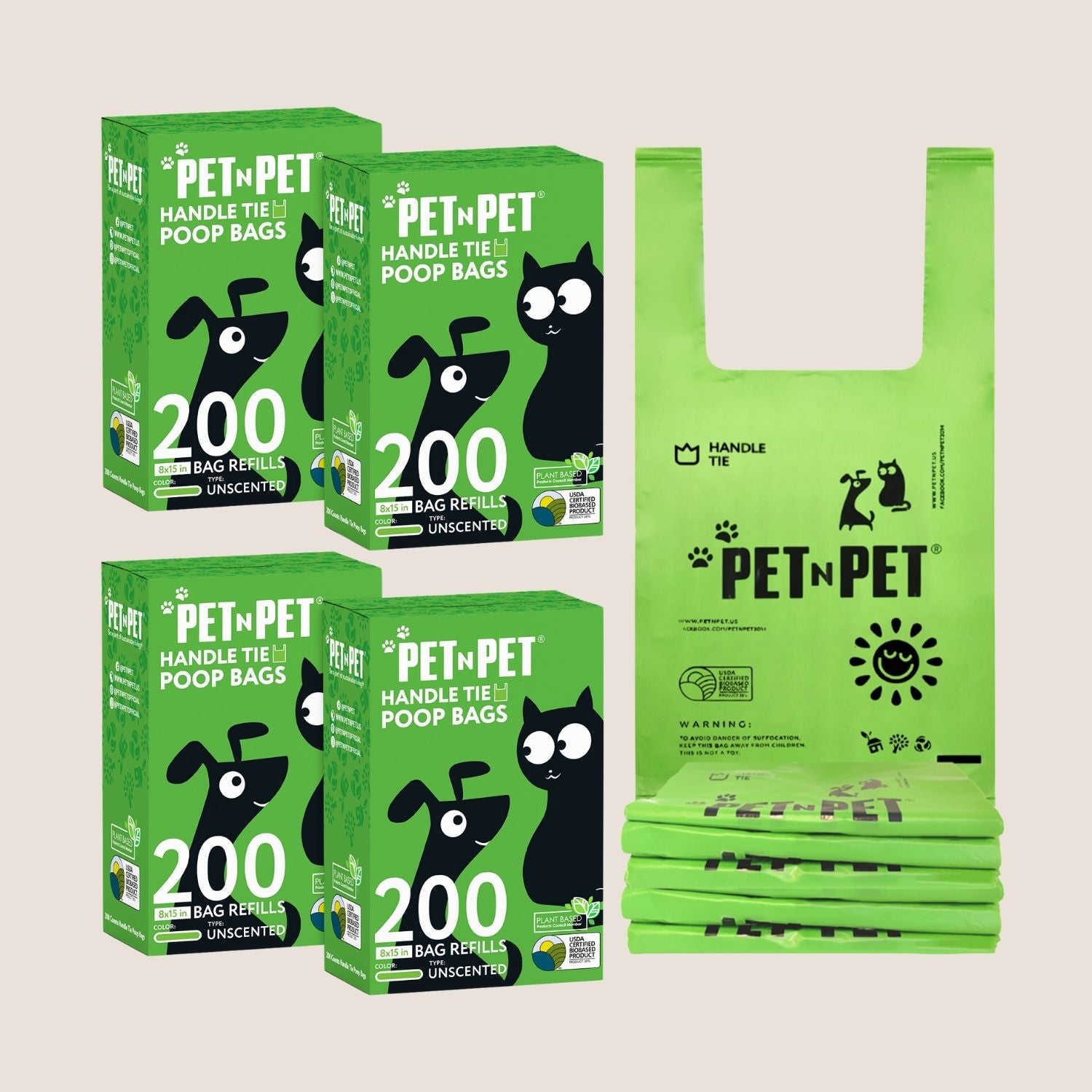 Green boxes and bags of Pet N Pet handle tie poop bags on a beige background