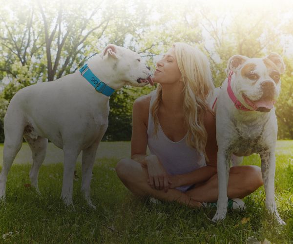 Woman sitting on grass with two dogs, one licking her face.