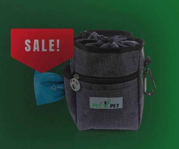 Gray pet treat pouch with a 'SALE!' sign on a green background