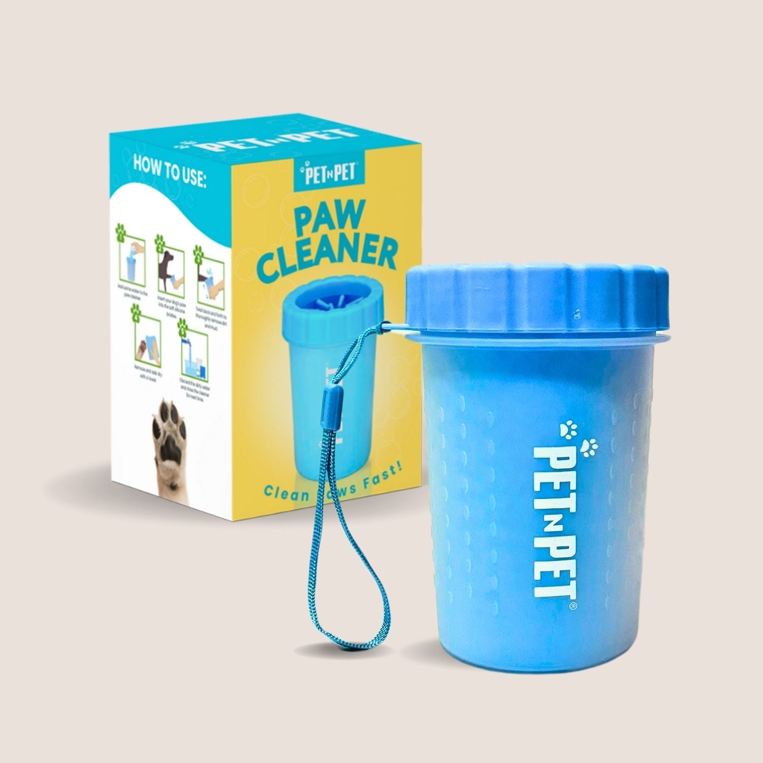 Blue paw cleaner with packaging on a beige background
