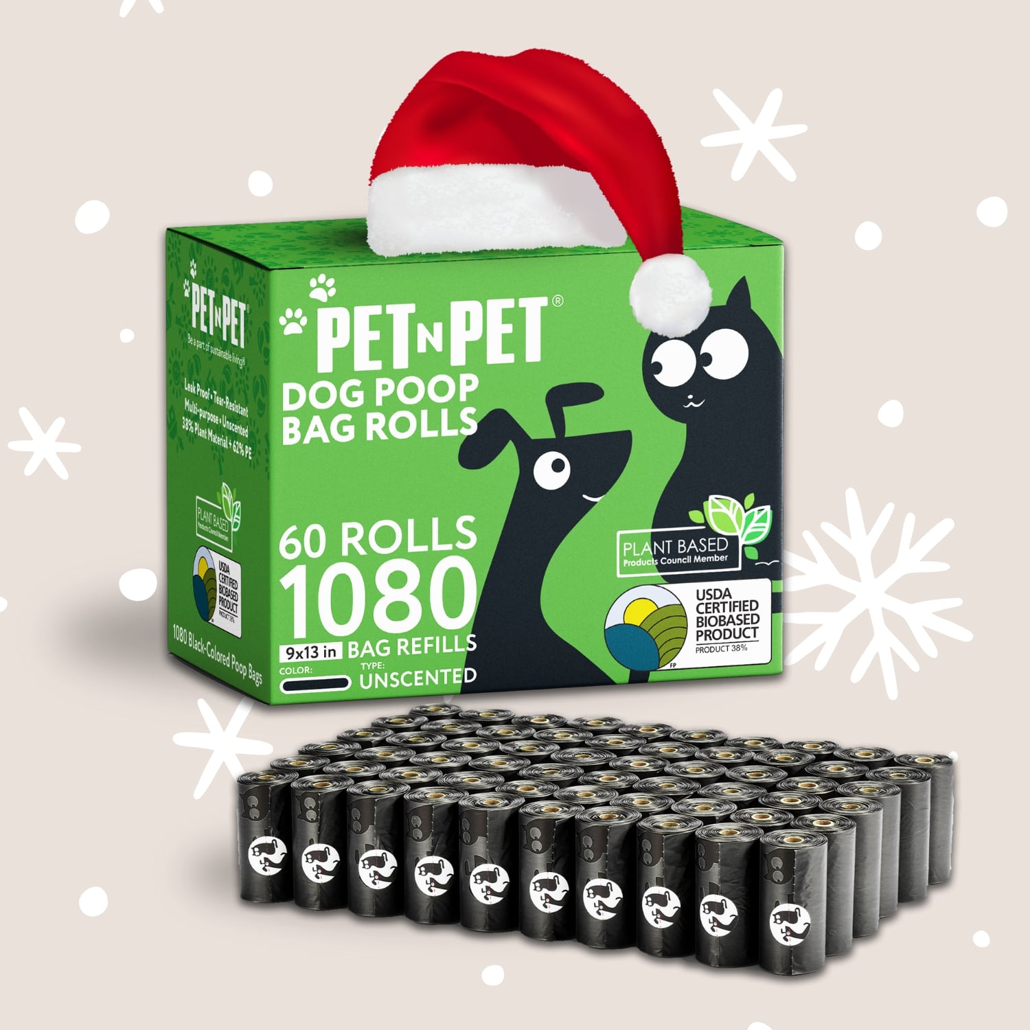 Box of Pet-N-Pet dog poop bags with a Santa hat and multiple bags on a light background.