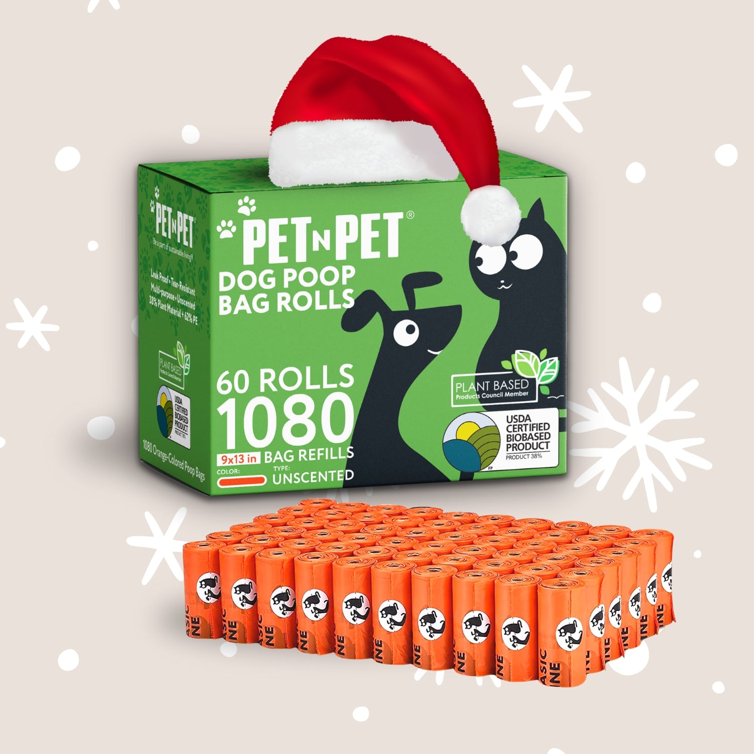 Box of Pet 'N Pet dog poop bag rolls with a Santa hat on a light background