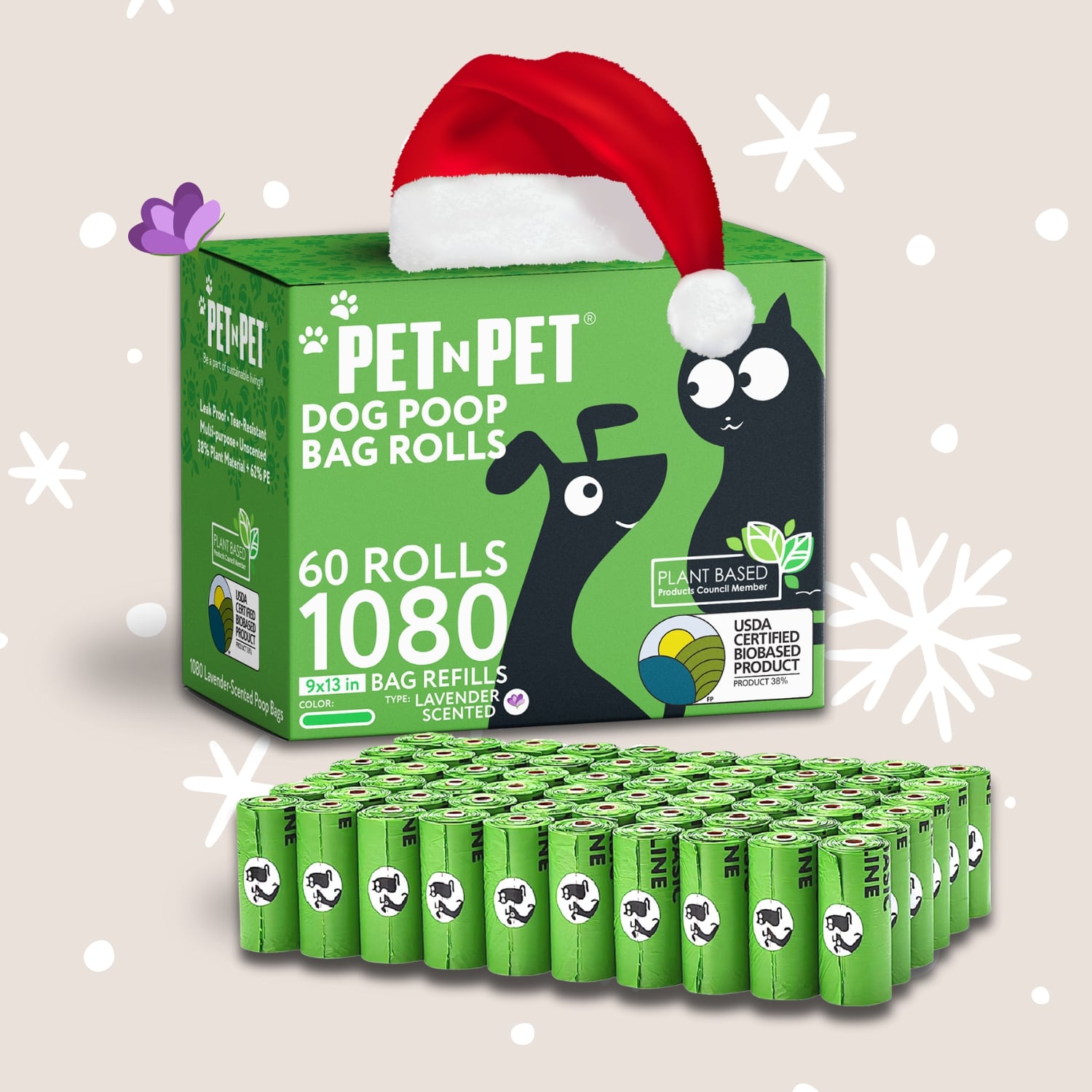 Box of Pet-N-Pet dog poop bag rolls with a Santa hat on a light beige background