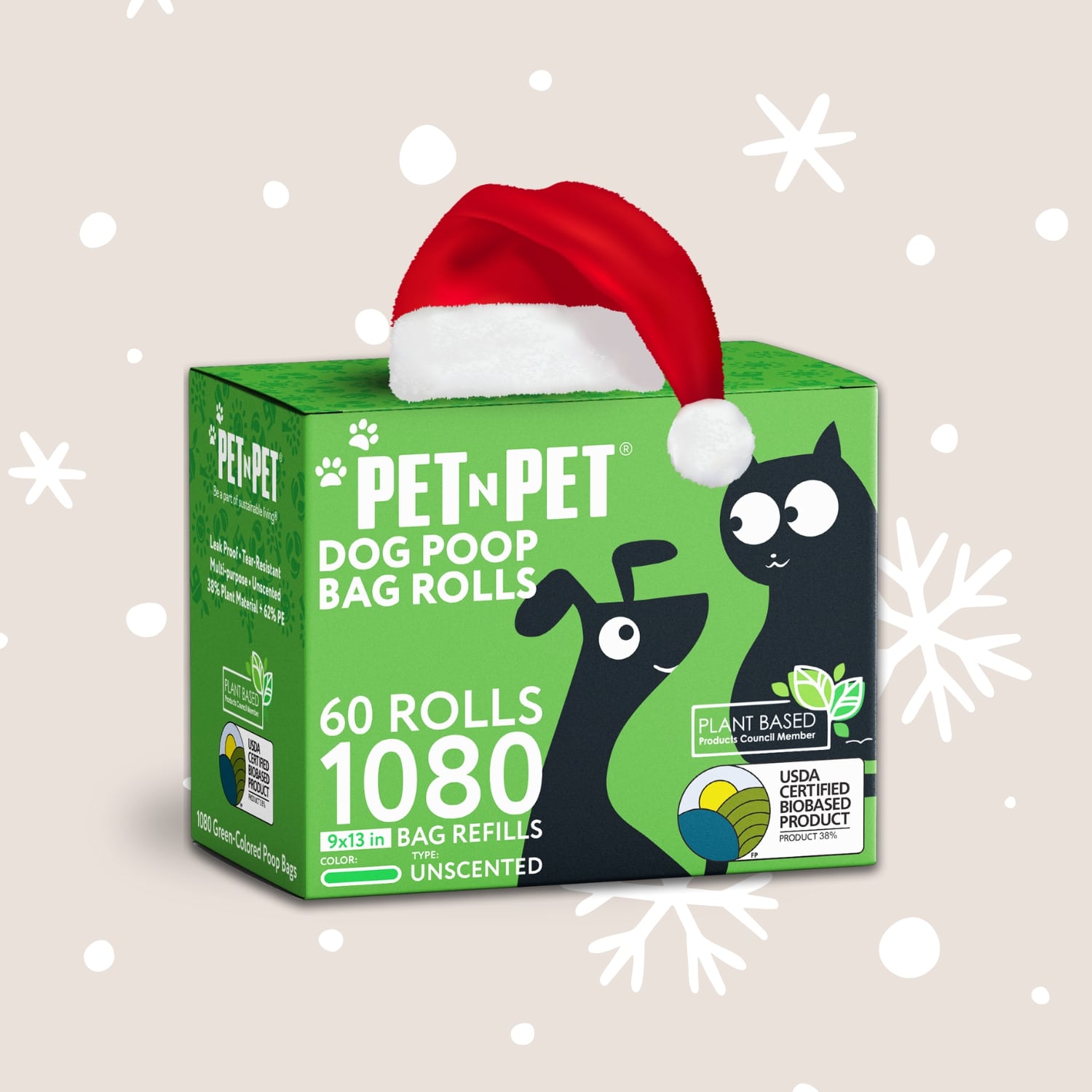 Box of Pet 'N Pet dog poop bag rolls with a Santa hat on a beige background with snowflakes.