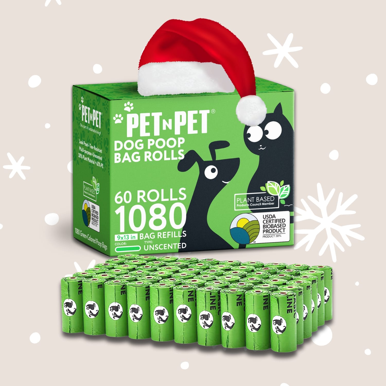 Box of Pet 'N Pet dog poop bag rolls with a Santa hat on a light beige background