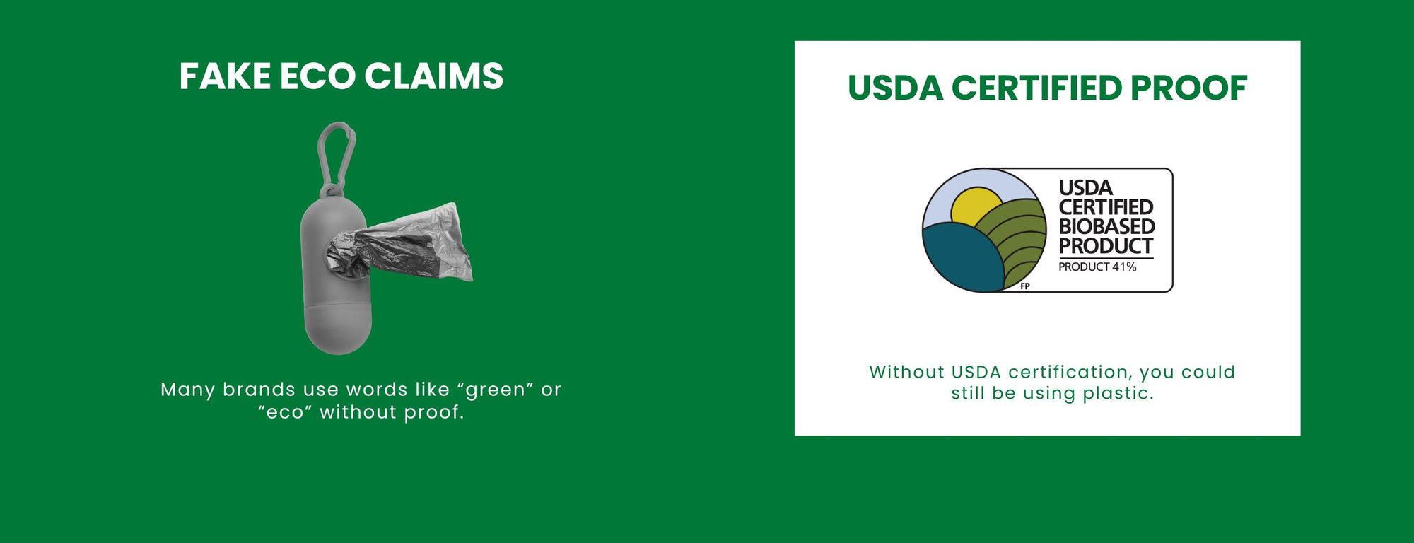 Comparison of fake eco claims with USDA certified product label on a green background