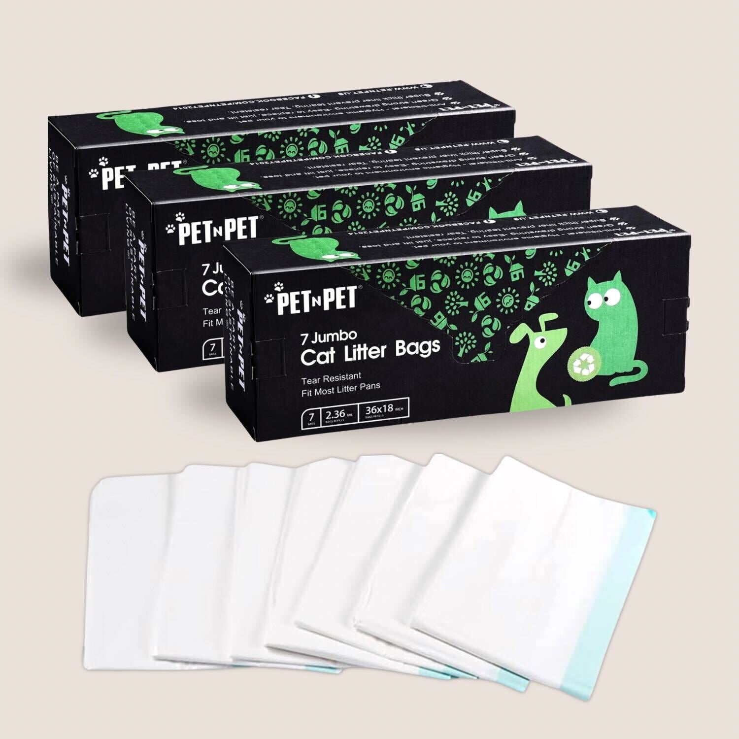 Three boxes of PET-N-PET cat litter bags with some bags displayed in front on a beige background.