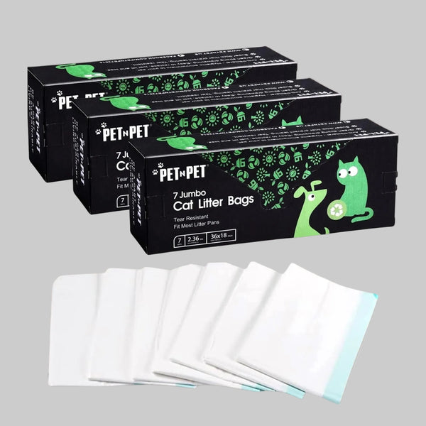 Three boxes of PET-N-PET cat litter bags with some bags displayed in front on a beige background.