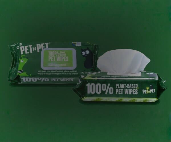Two packages of Pet N Pet 100% plant-based pet wipes on a green background