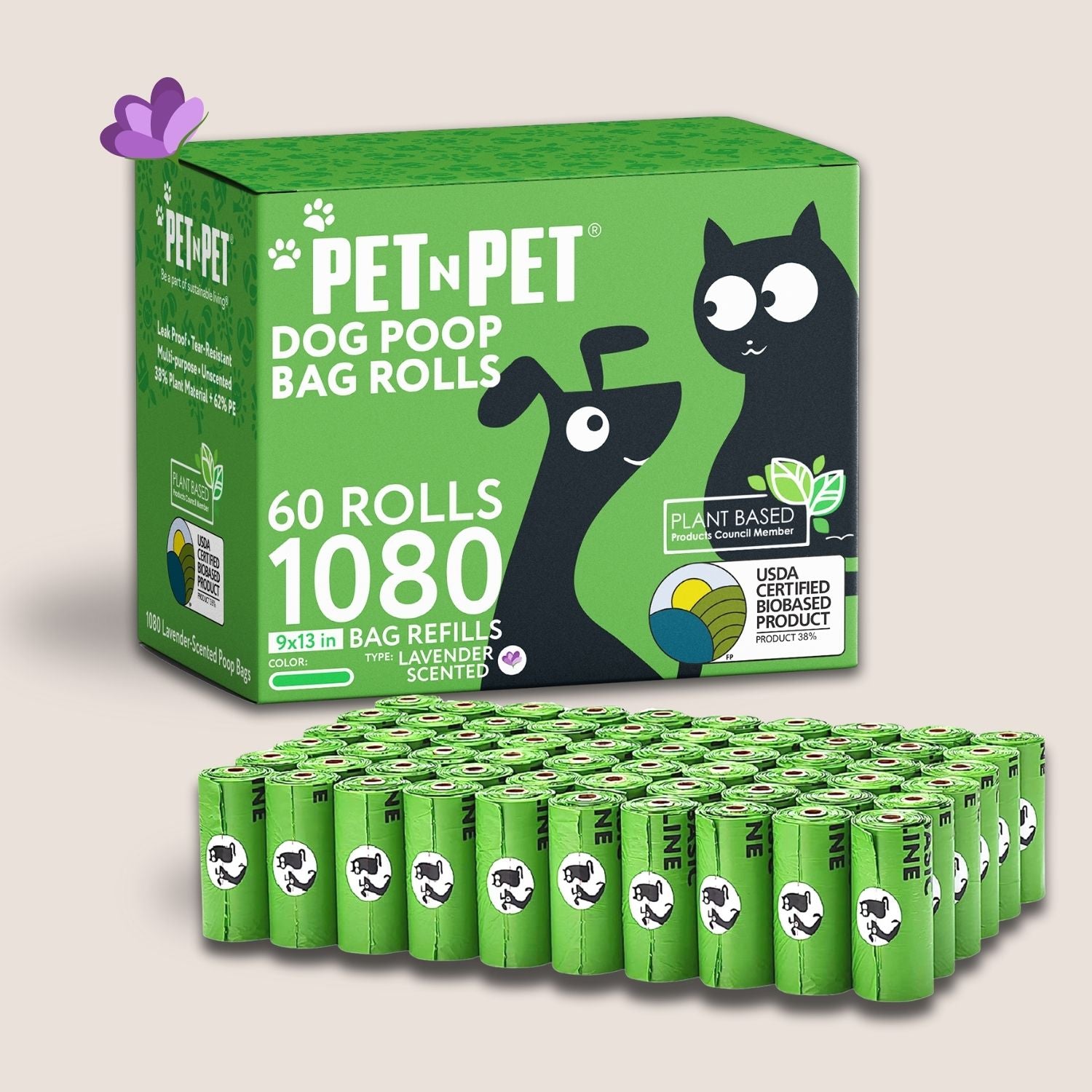 Box of Pet 'N Pet dog poop bag rolls with multiple rolls stacked below on a beige background