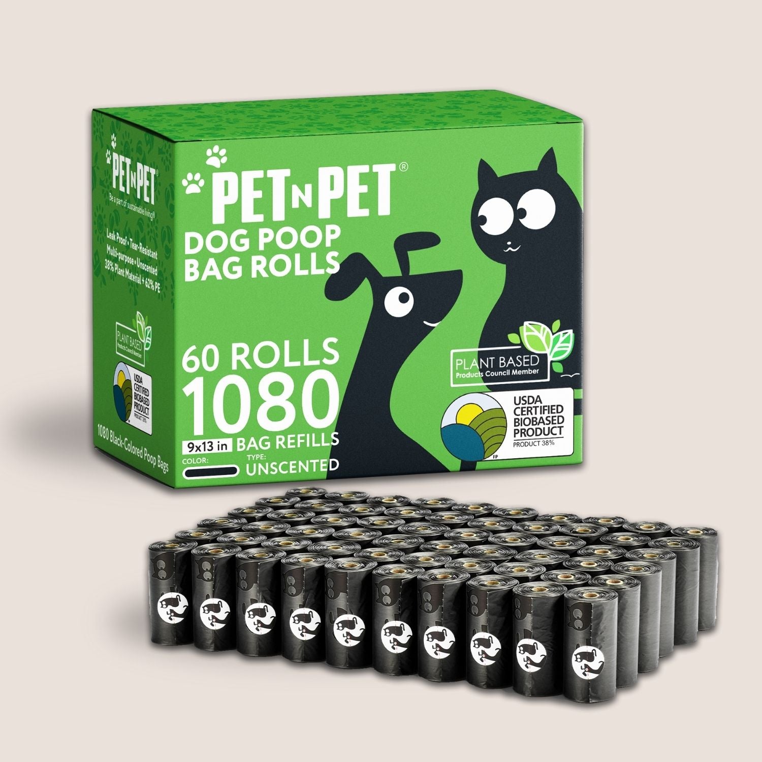 Box of Pet n Pet dog poop bag rolls with multiple bags displayed in front.