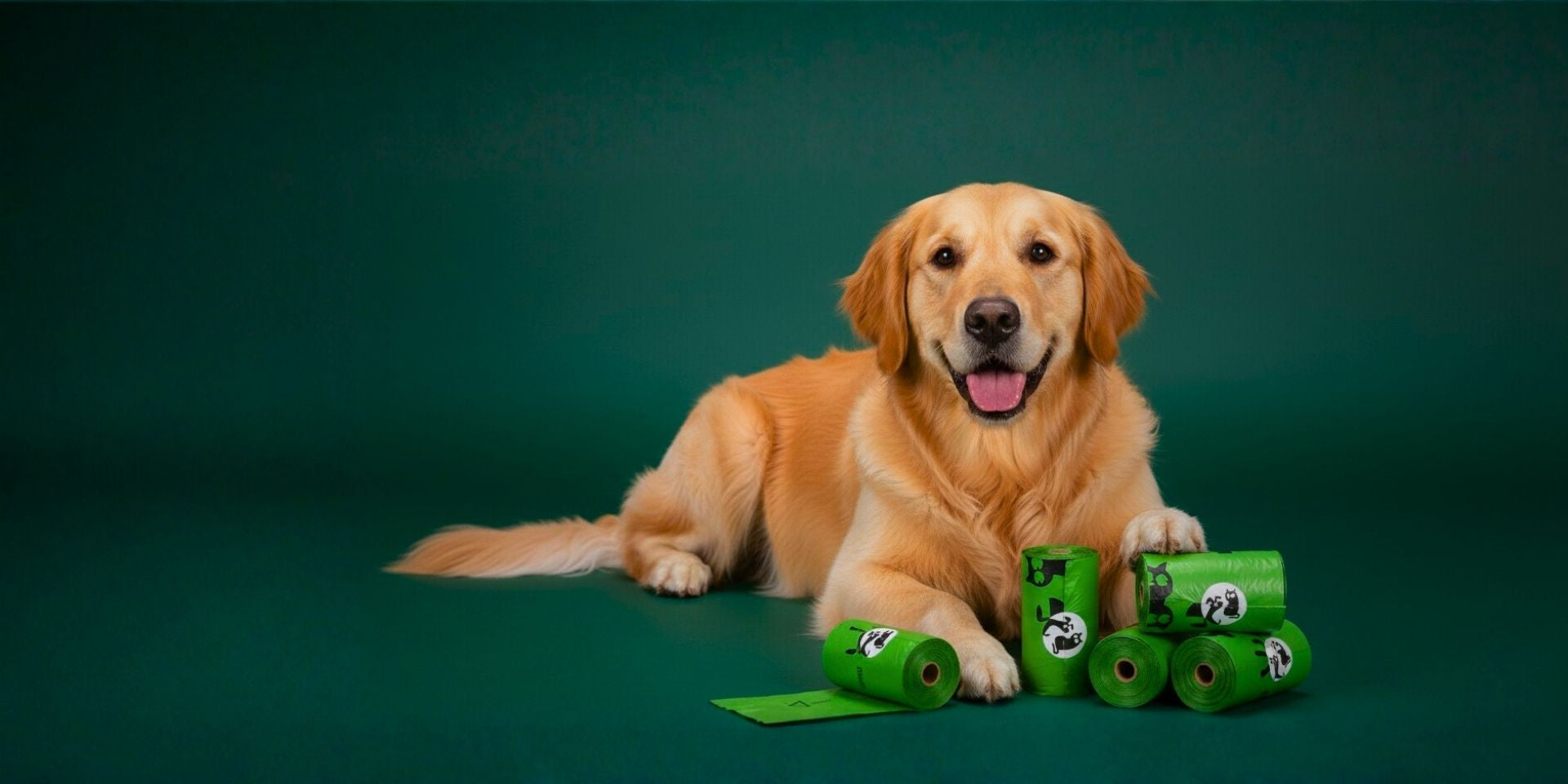 Dog lying on a green surface with green rolls of poop bags towels.