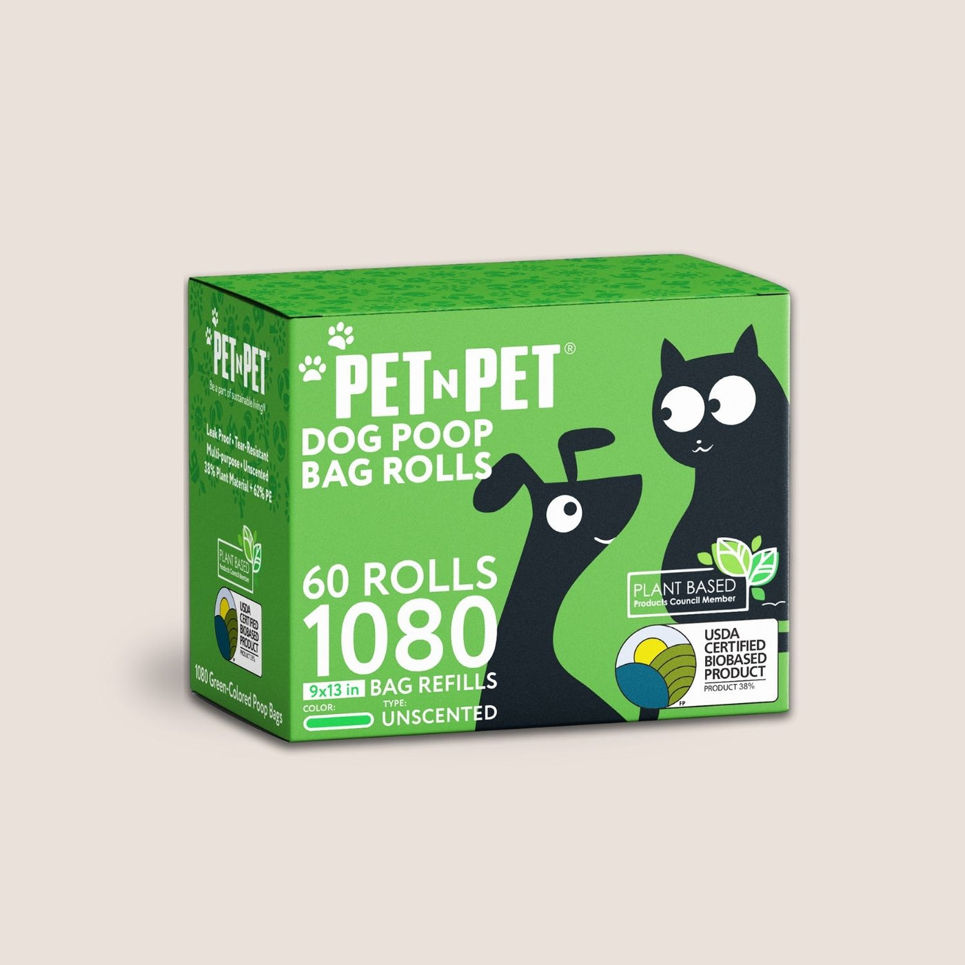 Box of Pet N Pet dog poop bag refills on a beige background