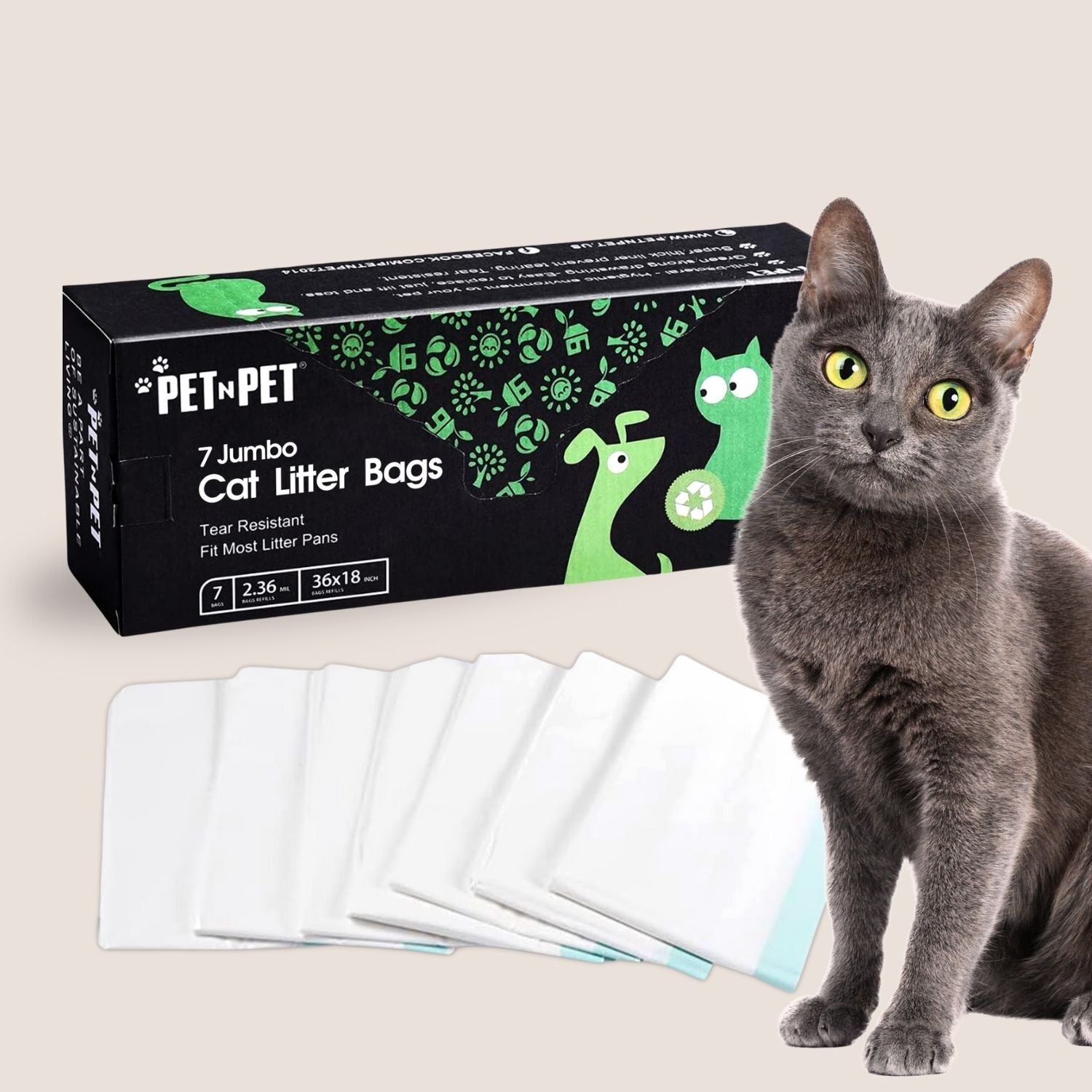 Cat litter bags with packaging and a gray cat on a beige background