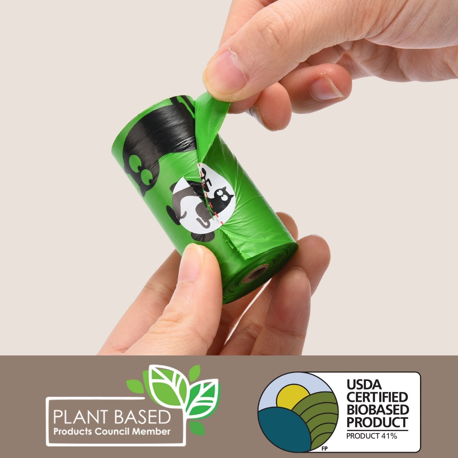Hand holding a green biodegradable product with certification logos at the bottom.
