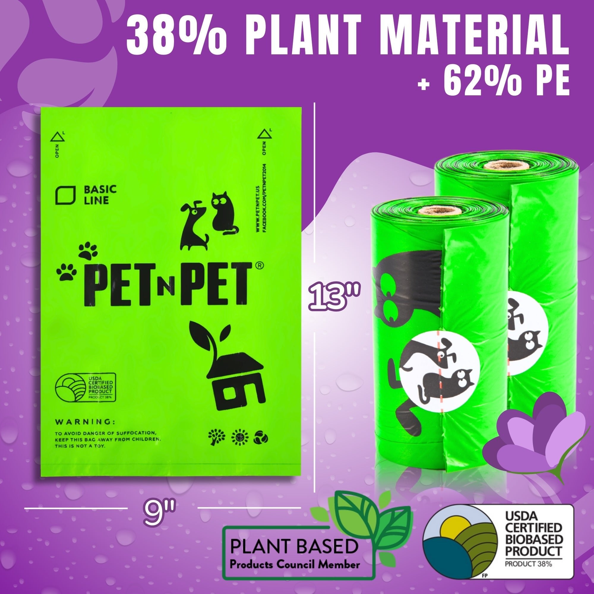 Pet N Pet 1080 Counts Green Lavender Scented Poop Bags for Dogs 38 Plant Based 62 PE Dog Poop Bags Rolls 9 x 13 Thick Dog Bags for