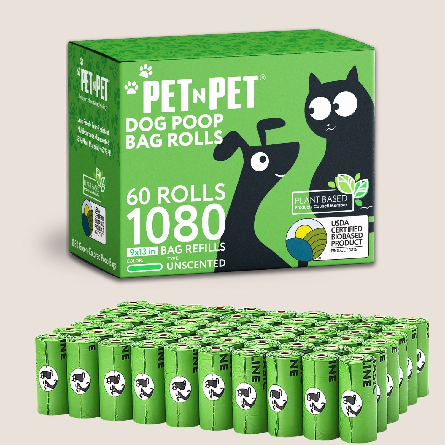 Box of Pet-N-Pet dog poop bag rolls with multiple bags displayed below.