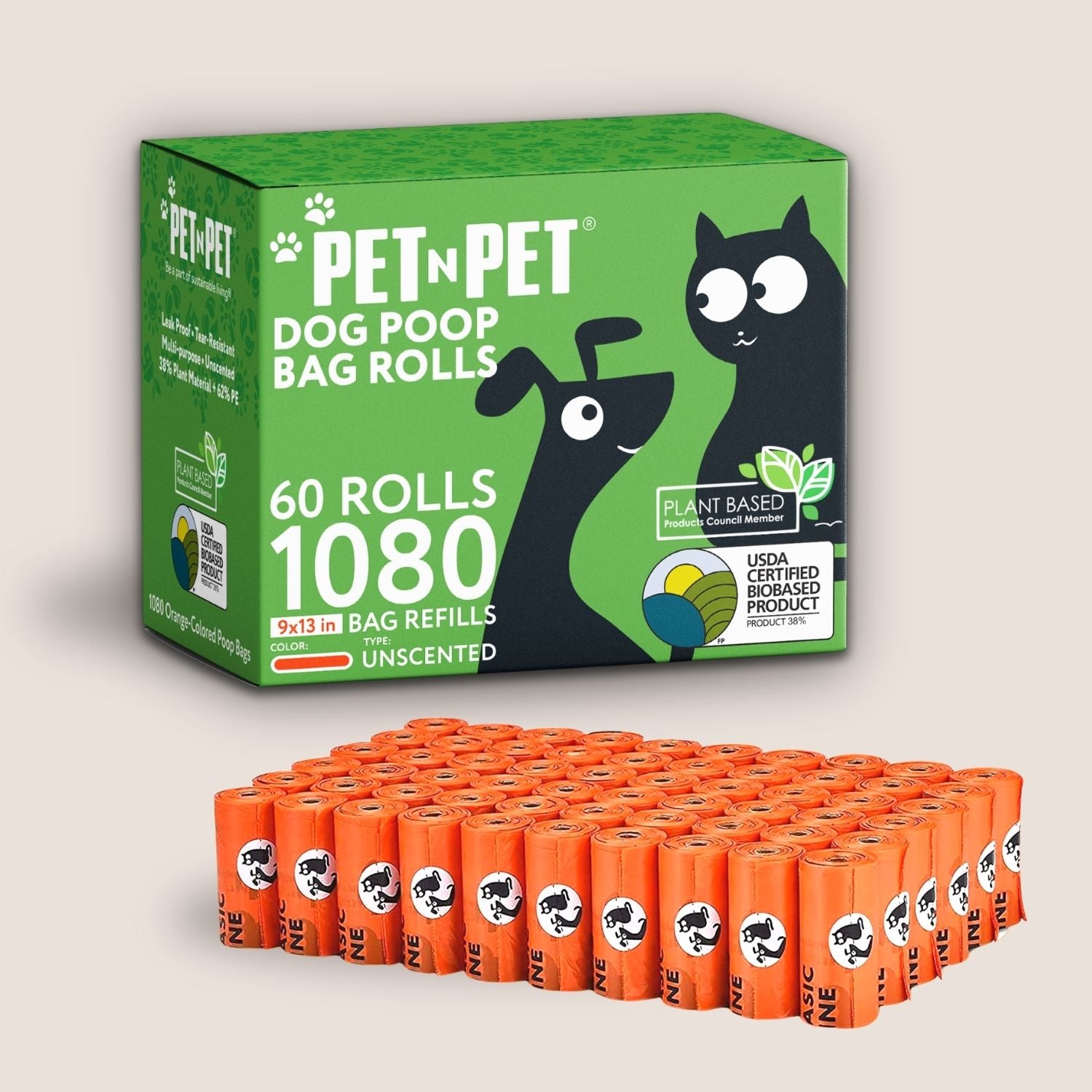 Box of Pet 'N Pet dog poop bag rolls with multiple bags displayed below on a beige background