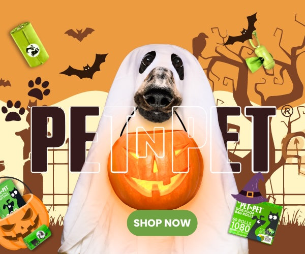 Halloween-themed mobile banner for Pet N Pet featuring a dog dressed as a ghost holding a pumpkin bucket. Poop bags are showcased with cartoon bats and pumpkins in the background. Text reads ‘PET N PET’ and ‘Shop Now.